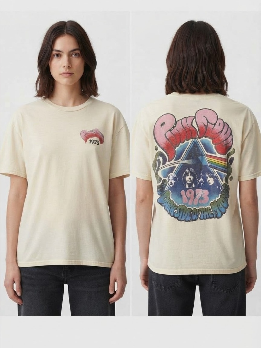 Pink Floyd 1973 Graphic Front and Back Cream Coloured Tee Size Small